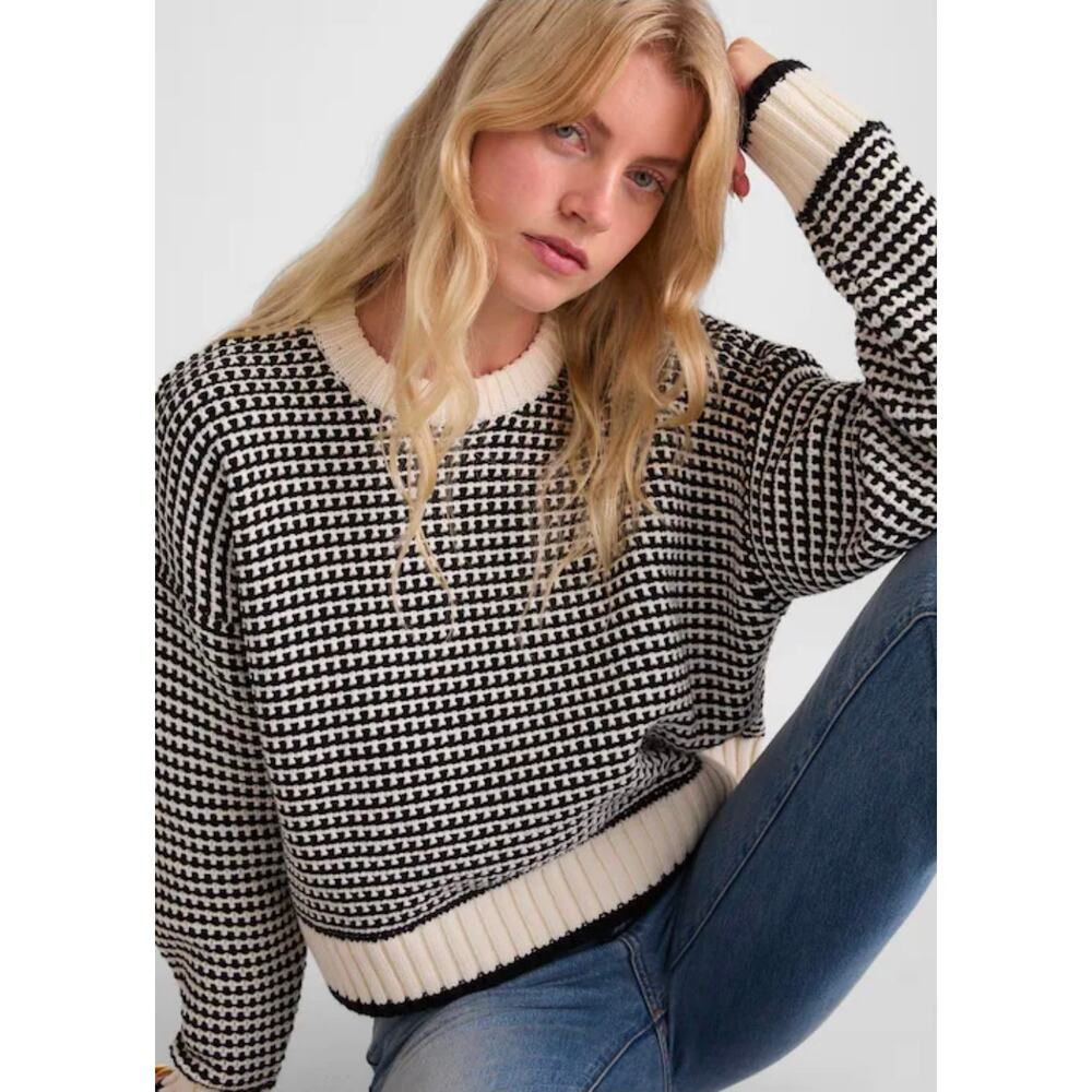 NWT Madewell Black White Textured Knit Cropped Oversized Crewneck XS Fits L/XL - Picture 2 of 10